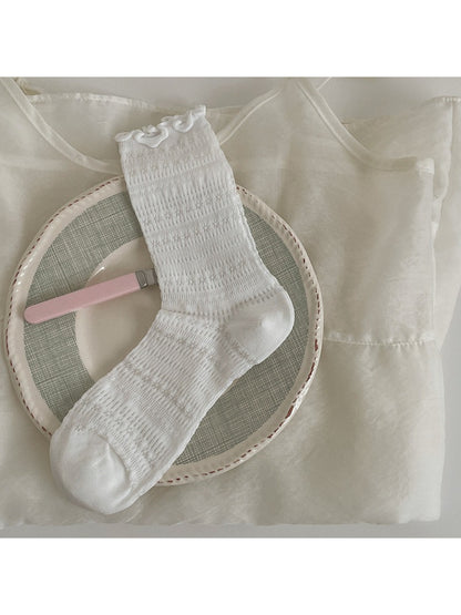 Side view of Rufia Sweet Ruffle Edge Socks highlighting ribbed texture