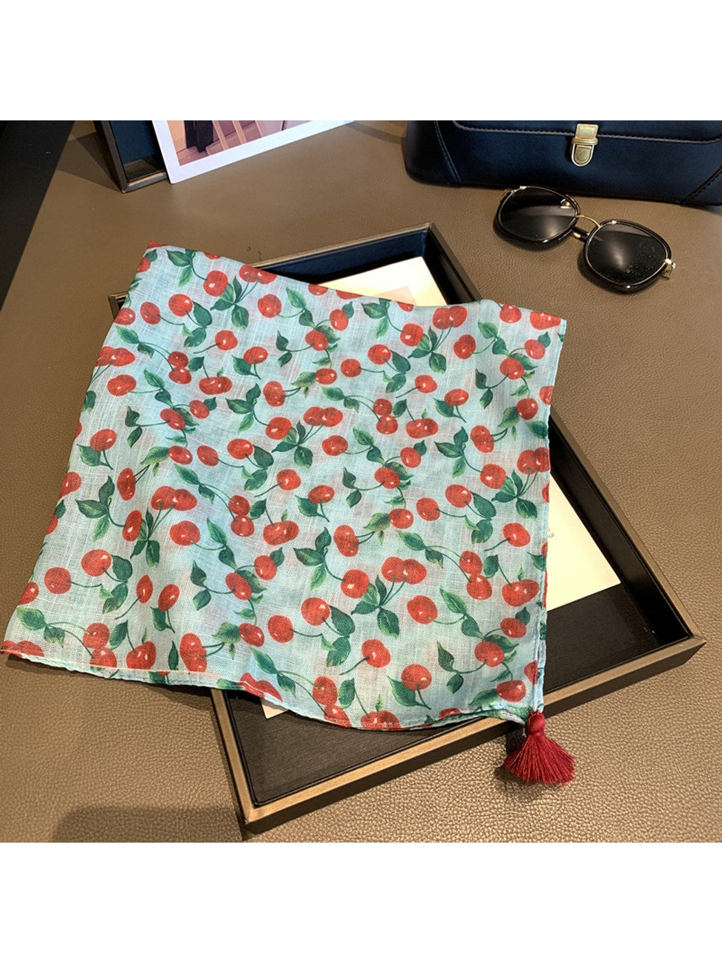 Scarvii - Cherry Print Tassel Square Scarf