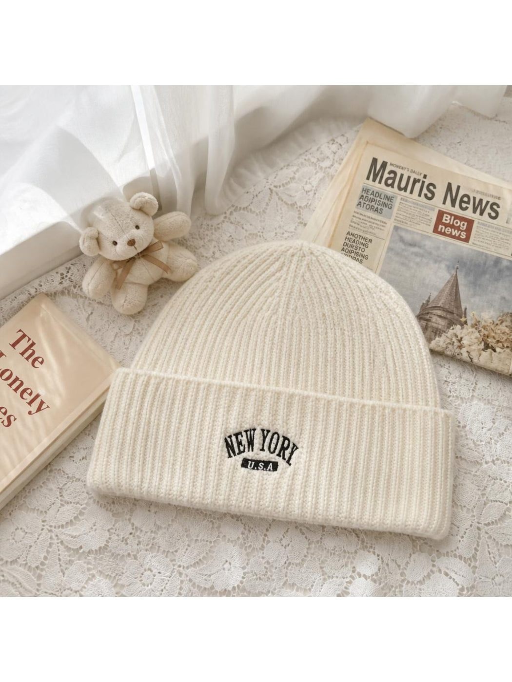 Haila New York Embroidered Ribbed Beanie