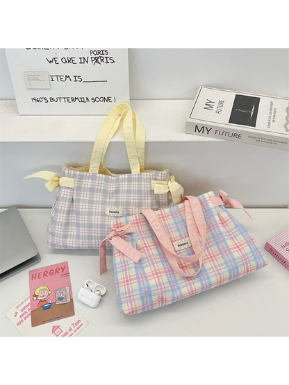Cosbai - Plaid Bow Tie Detail Tote Bag