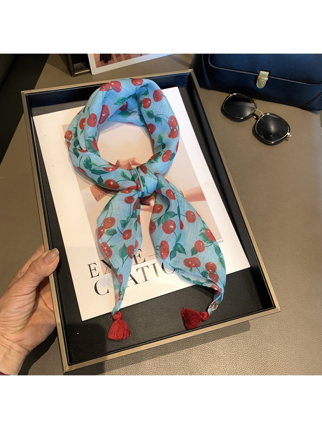 Scarvii - Cherry Print Tassel Square Scarf