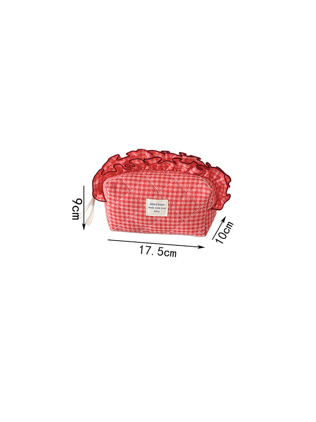 Cosbai ruffle trim gingham makeup bag placed on white surface with soft lighting