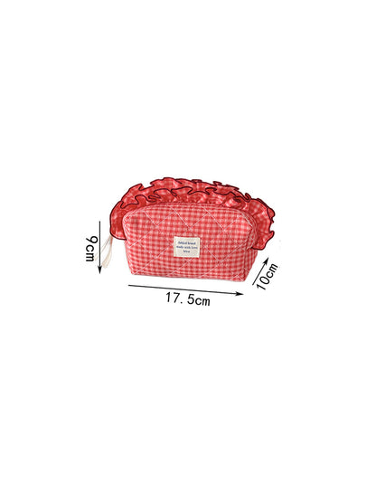 Cosbai ruffle trim gingham makeup bag placed on white surface with soft lighting