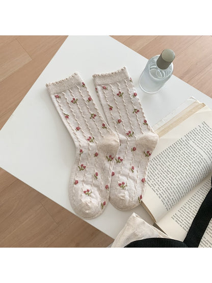 Rufia - Floral Rose Motif Casual Crew Socks