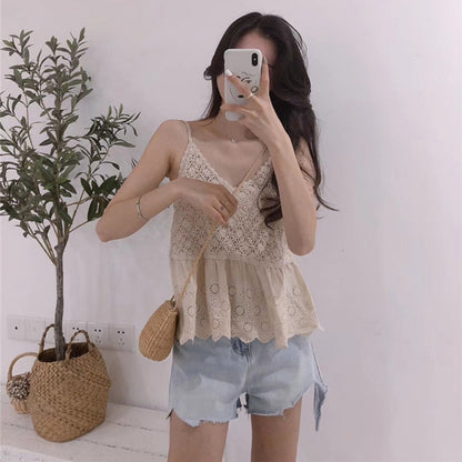 Vesty - Lace-Knit V-Neck Cami Top - White & Beige