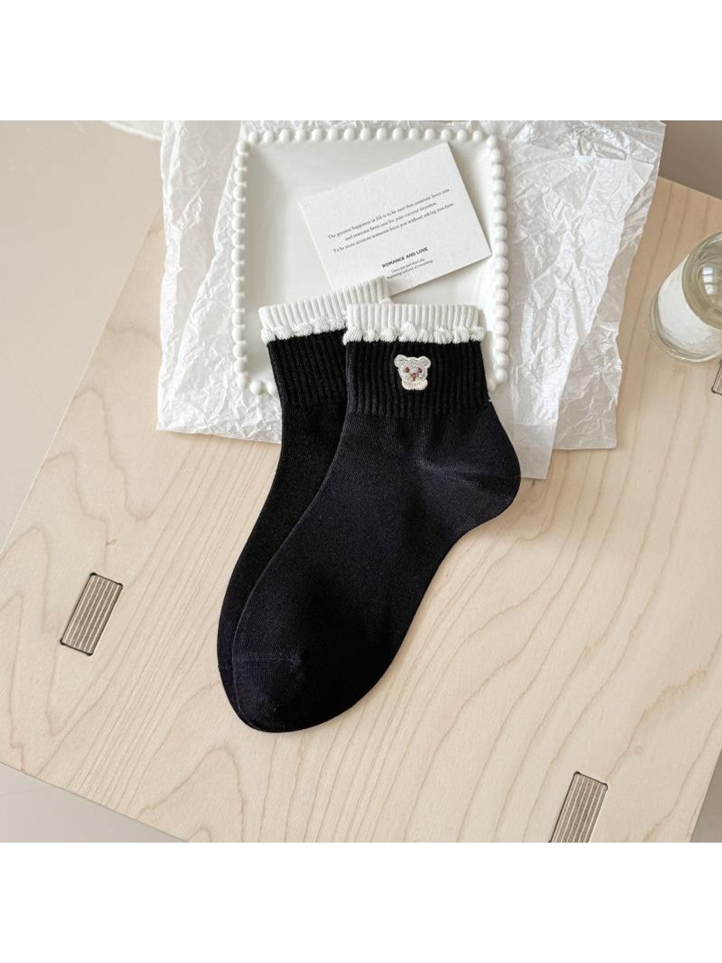 Rufia - Bear Embroidery Ribbed Ankle Socks