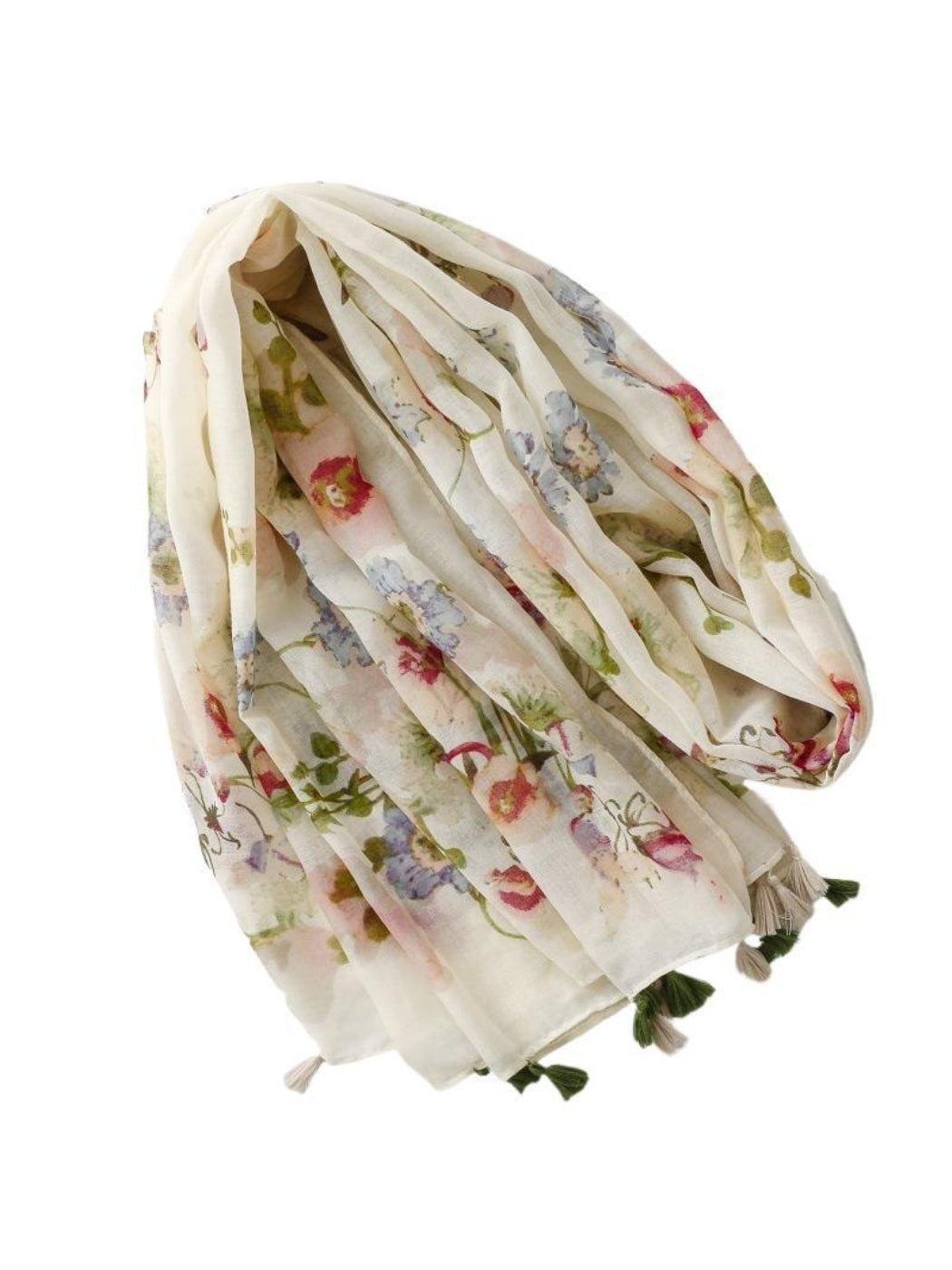 Scarvii scarf laid flat showing full watercolor wildflower pattern and tassel trim