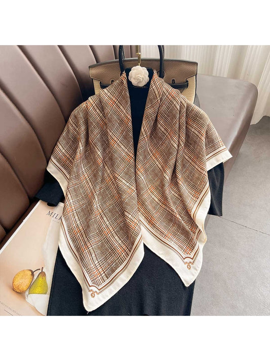 Scarvii - Retro Plaid Print Border Square Scarf