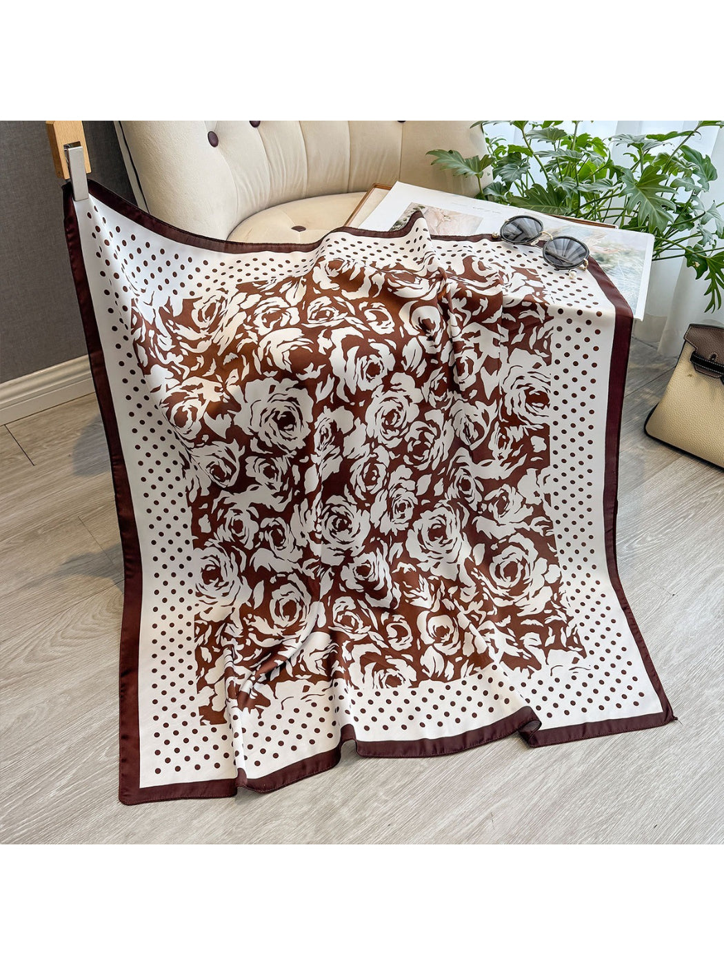 Scarvii - Rose Floral Polka Dot Square Scarf