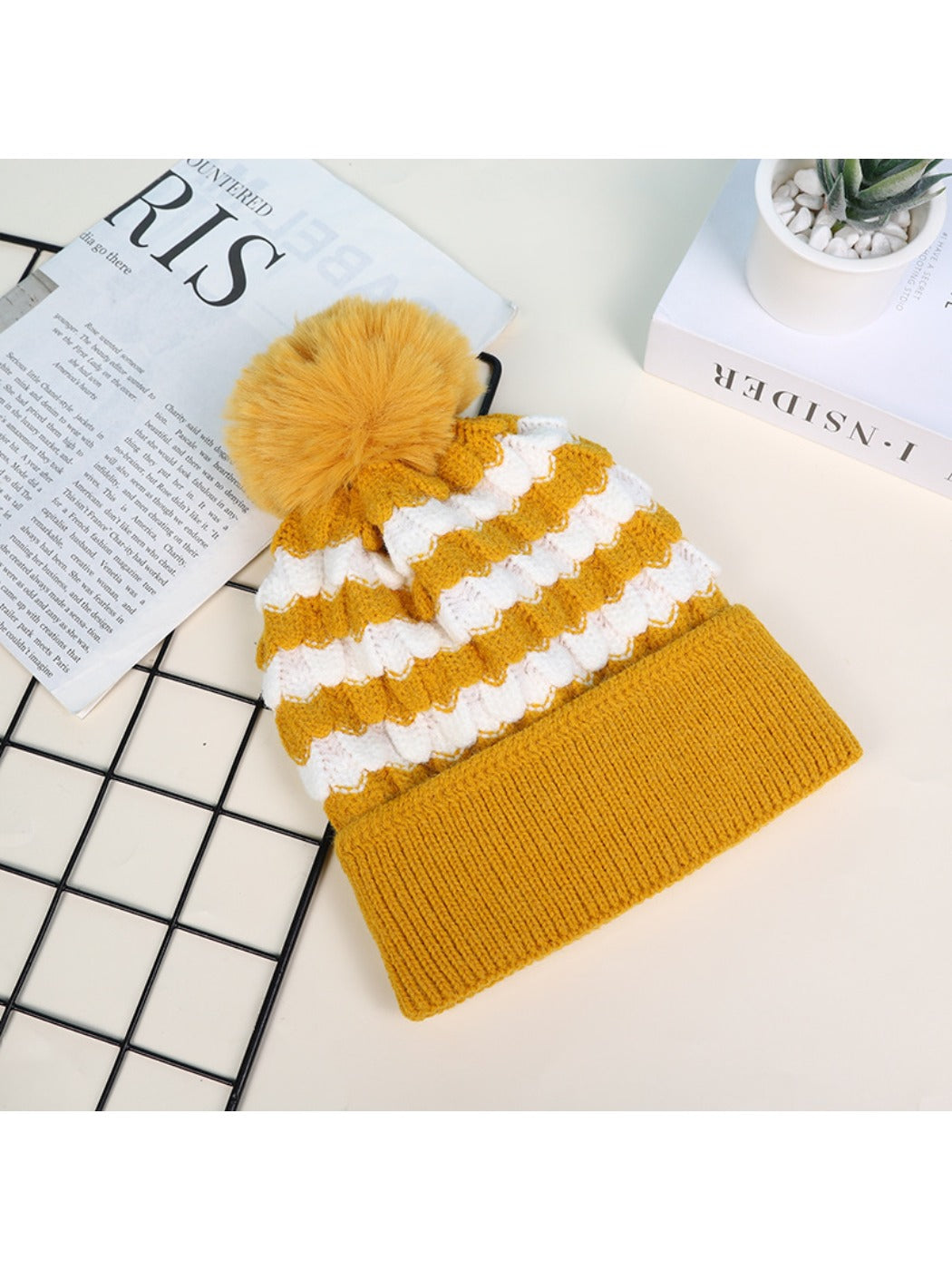 Haila - Women's Striped Fleece Lined Beanie with Pom