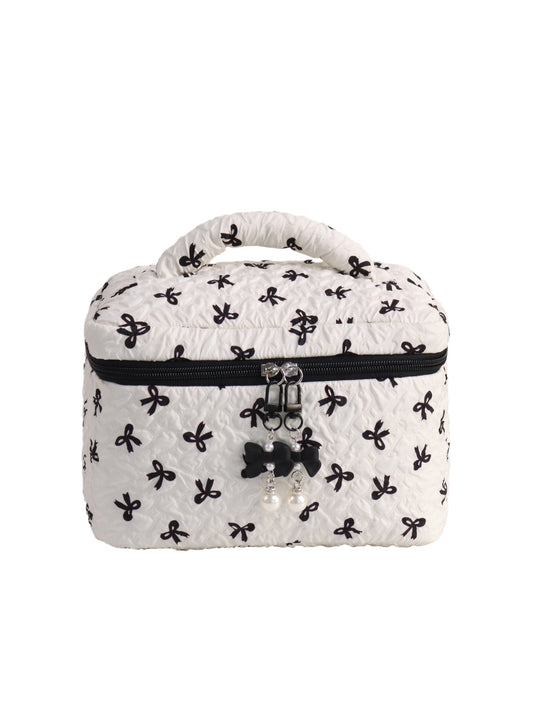 Cosbai - Bow Print Quilted Makeup Bag with Handle
