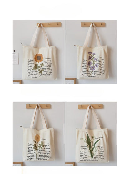 Cosbai - Botanical Script Floral Illustration Tote Bag