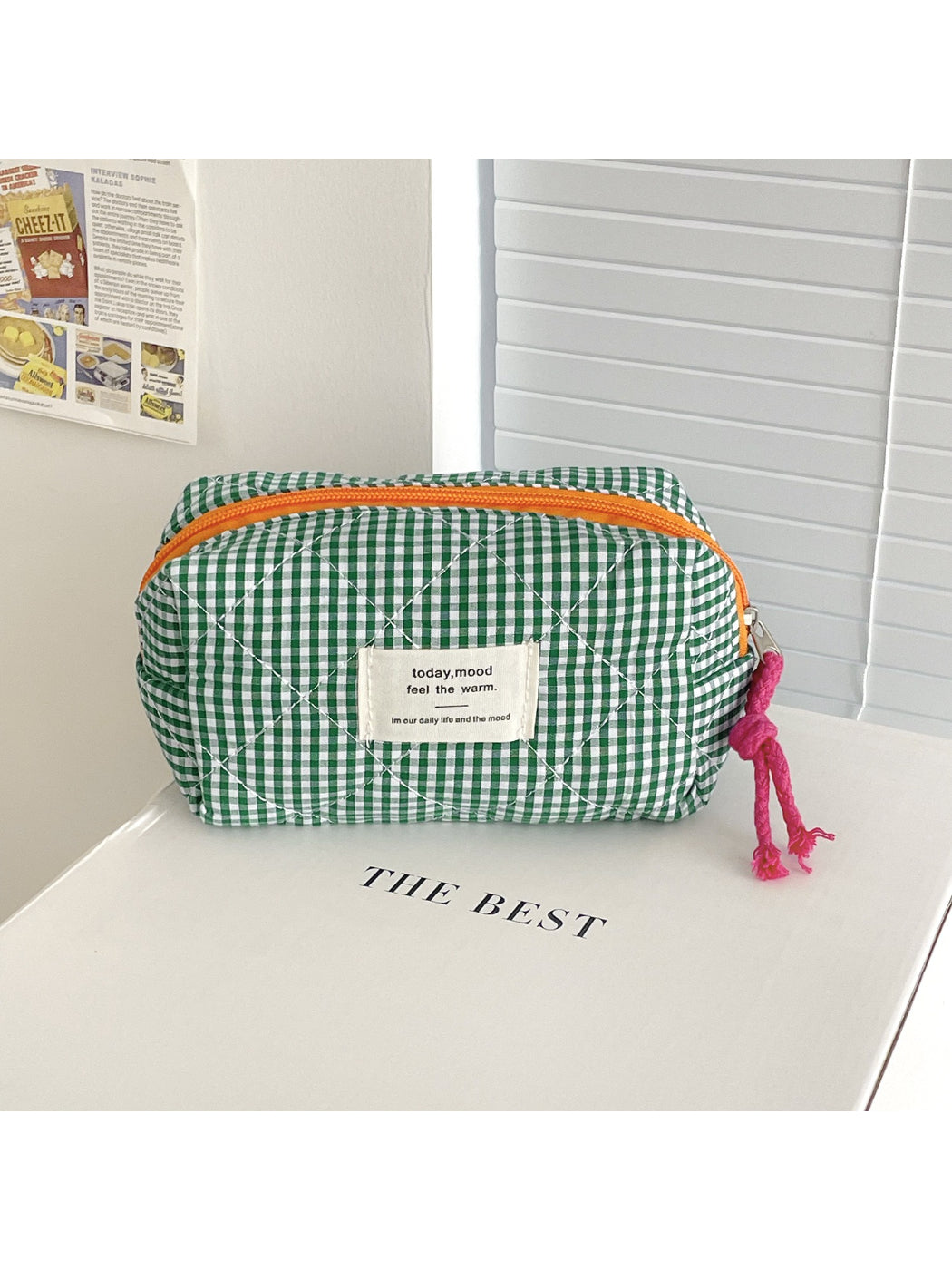 Side view of Cosbai colorful quilted cosmetic pouch highlighting thickness and