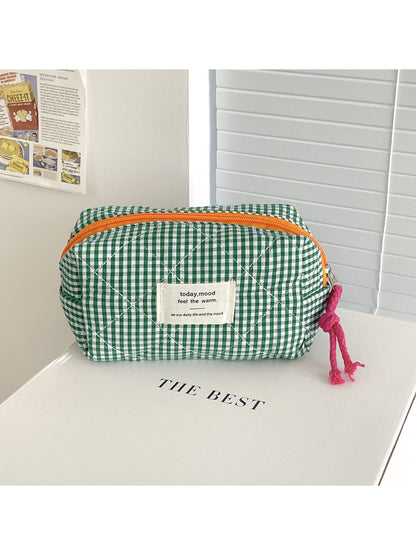Side view of Cosbai colorful quilted cosmetic pouch highlighting thickness and