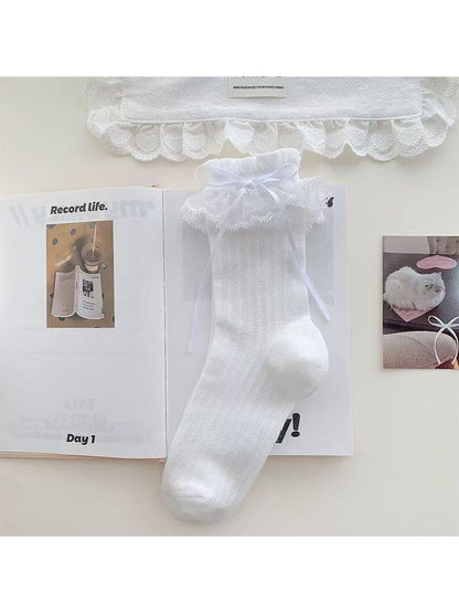 Rufia - Solid Color Lace Trim Casual Crew Socks