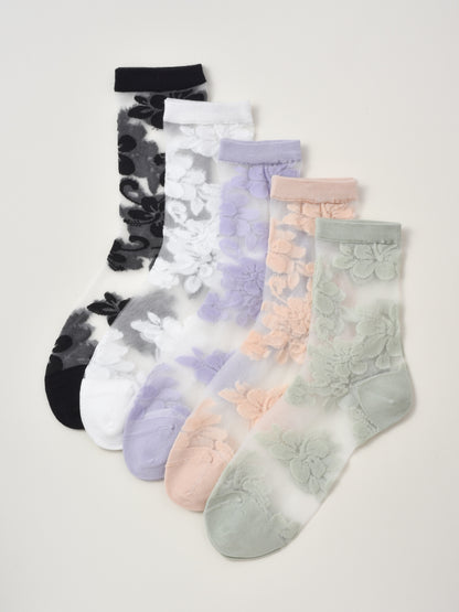 Rufia - Delicate Floral Tulle Crew Sheer Socks