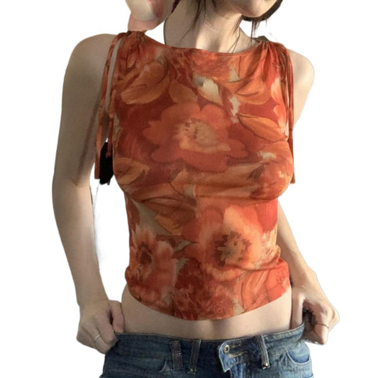 Vesty - Floral Off-Shoulder Crop Top - Green/Red