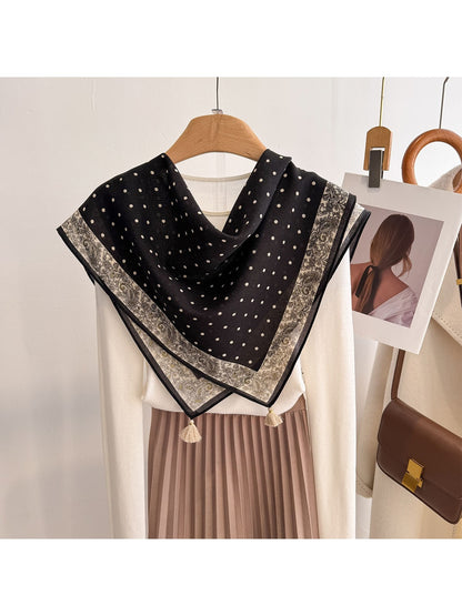 Scarvii - Polka Dot Print Tassel Accent Square Scarf