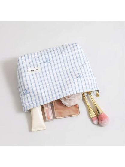 Cosbai - Checked Bow Embroidered Makeup Bag Pouch