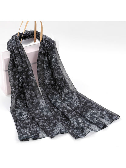 Scarvii - Black White Floral Print Scarf