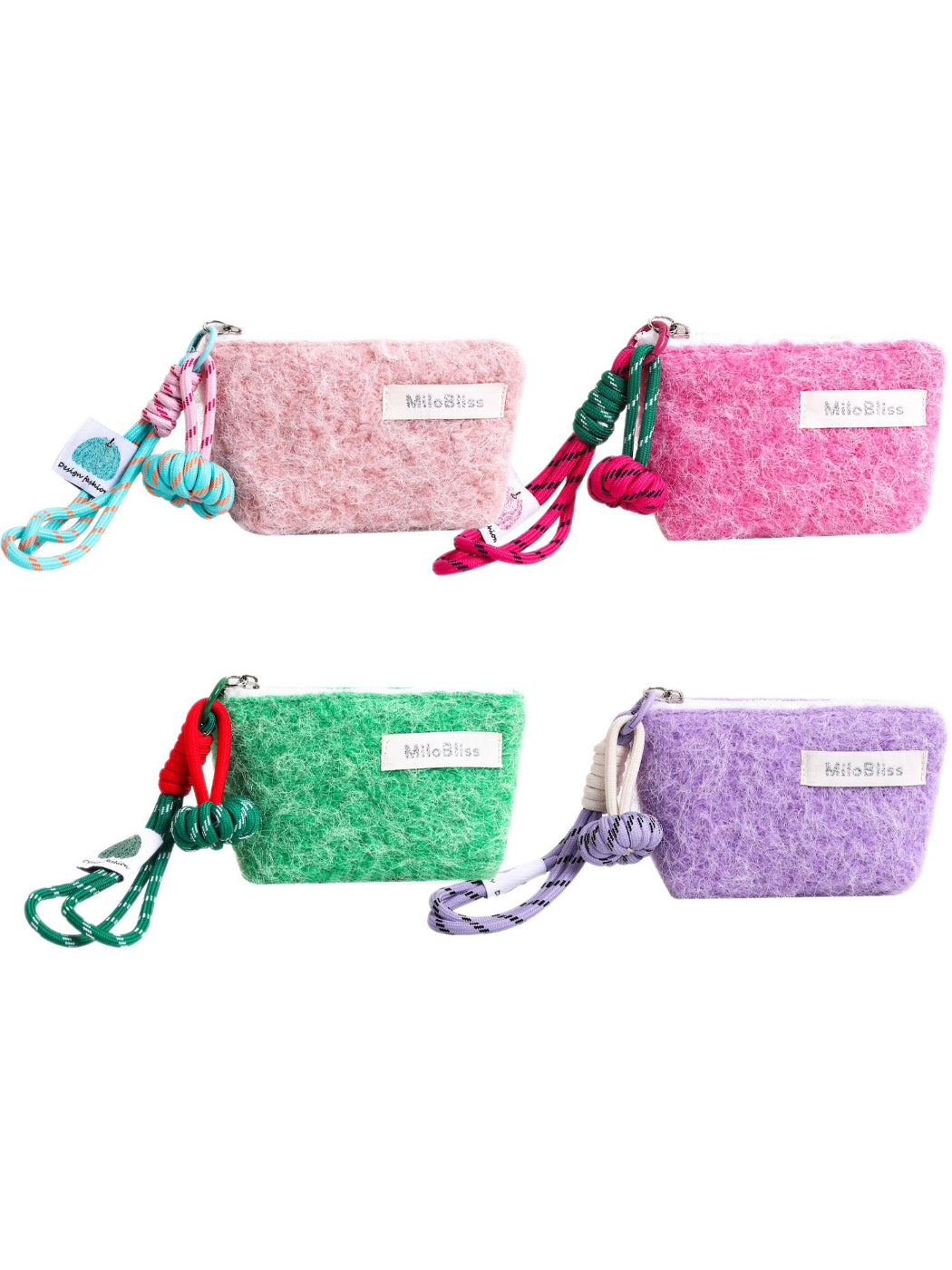 Cosbai fluffy mini pouch with wrist cord displayed flat on surface
