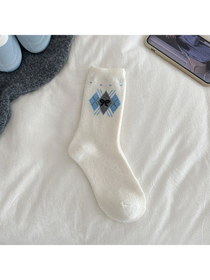 Rufia - Preppy Argyle Bow Pattern Crew Socks