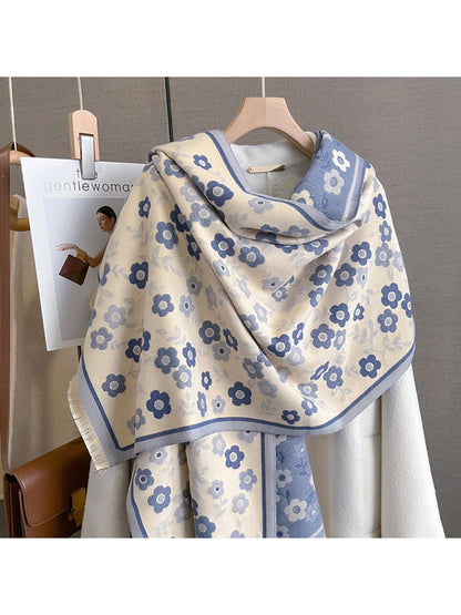Scarvii - Retro Floral Contrast Border Fringe Scarf