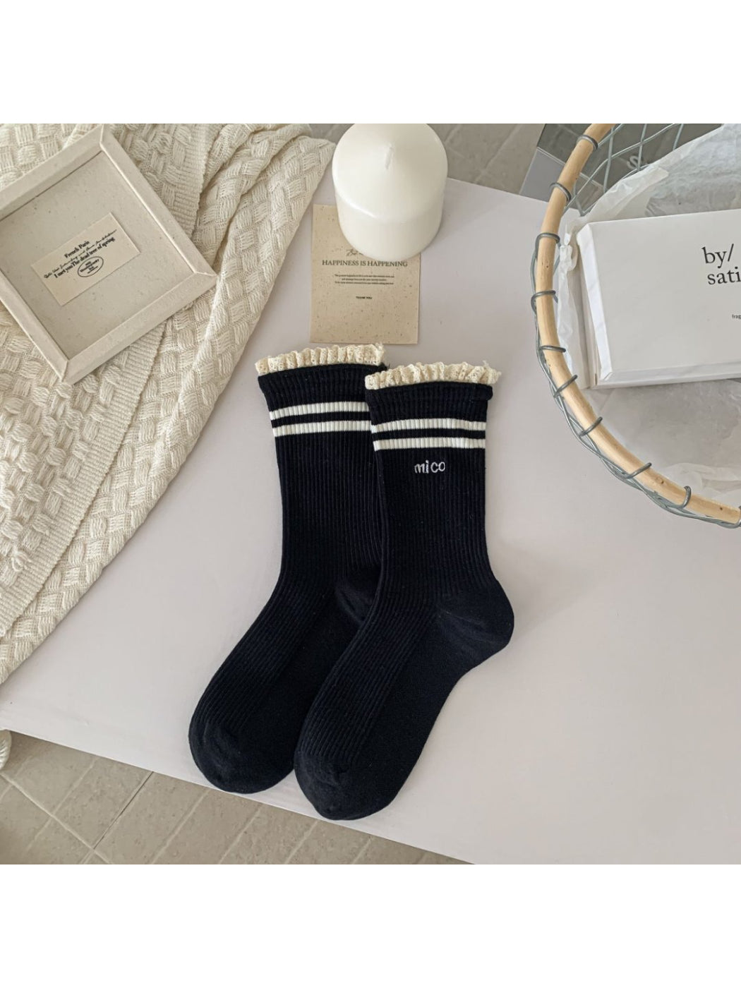 Rufia - Lace Trim Stripe Ribbed Crew Socks