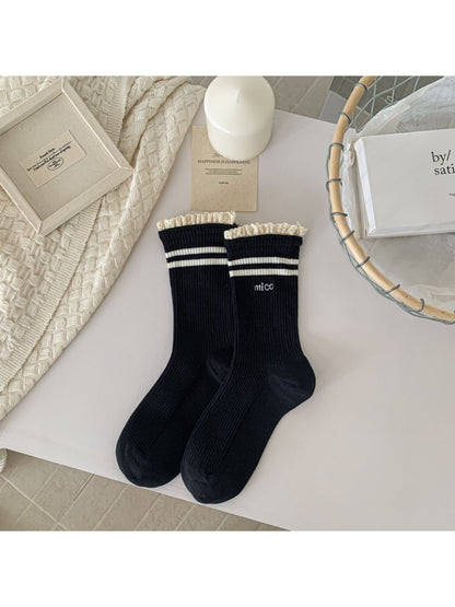 Rufia - Lace Trim Stripe Ribbed Crew Socks