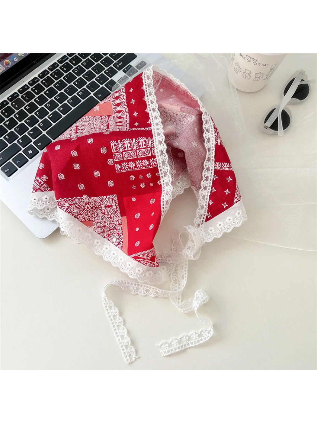 Scarvii - Lace-Trim Patchwork Triangle Scarf