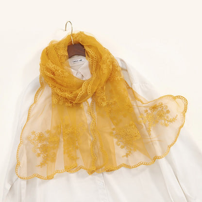 Scarvii sheer scarf with gold and cream baroque embroidery folded neatly