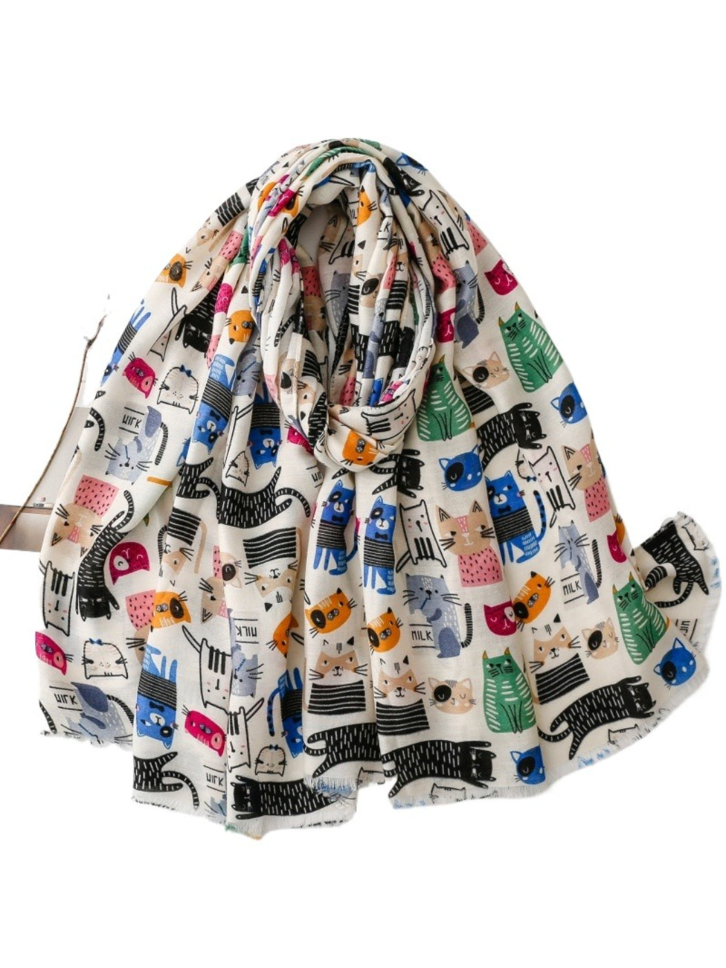Side angle of Scarvii scarf highlighting vibrant cat design and fabric texture