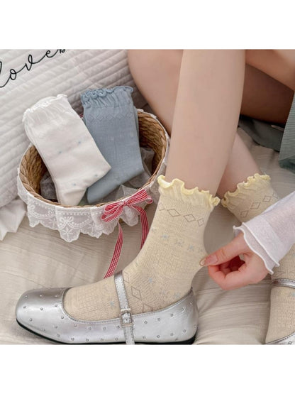Rufia - Diamond Shaped Openwork Ruffle Crew Socks