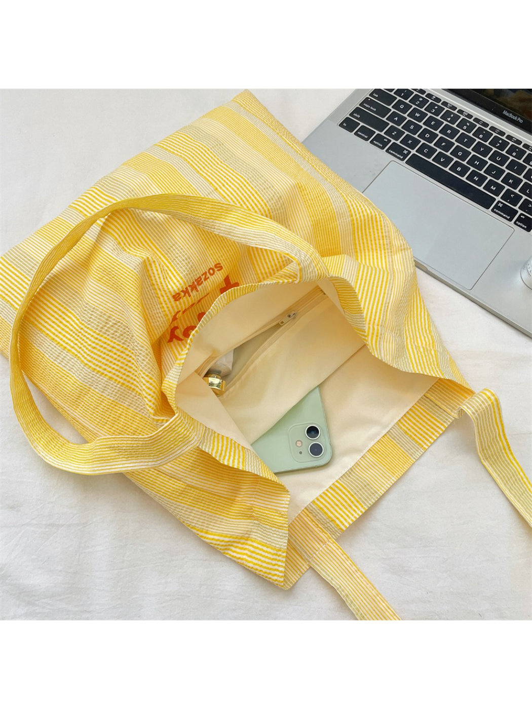 Interior view of Cosbai tote bag showing spacious and fabric lining