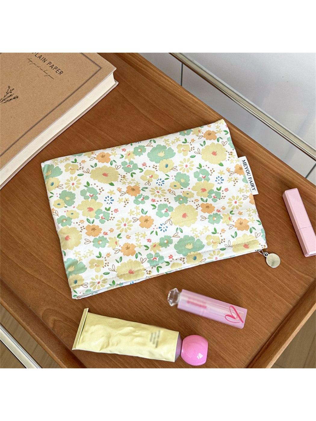 Cosbai Candy Check Makeup Bag with soft pastel check pattern on a plain surface