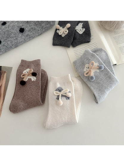 Rufia - Playful Puppy Pattern Plush Bow Crew Socks