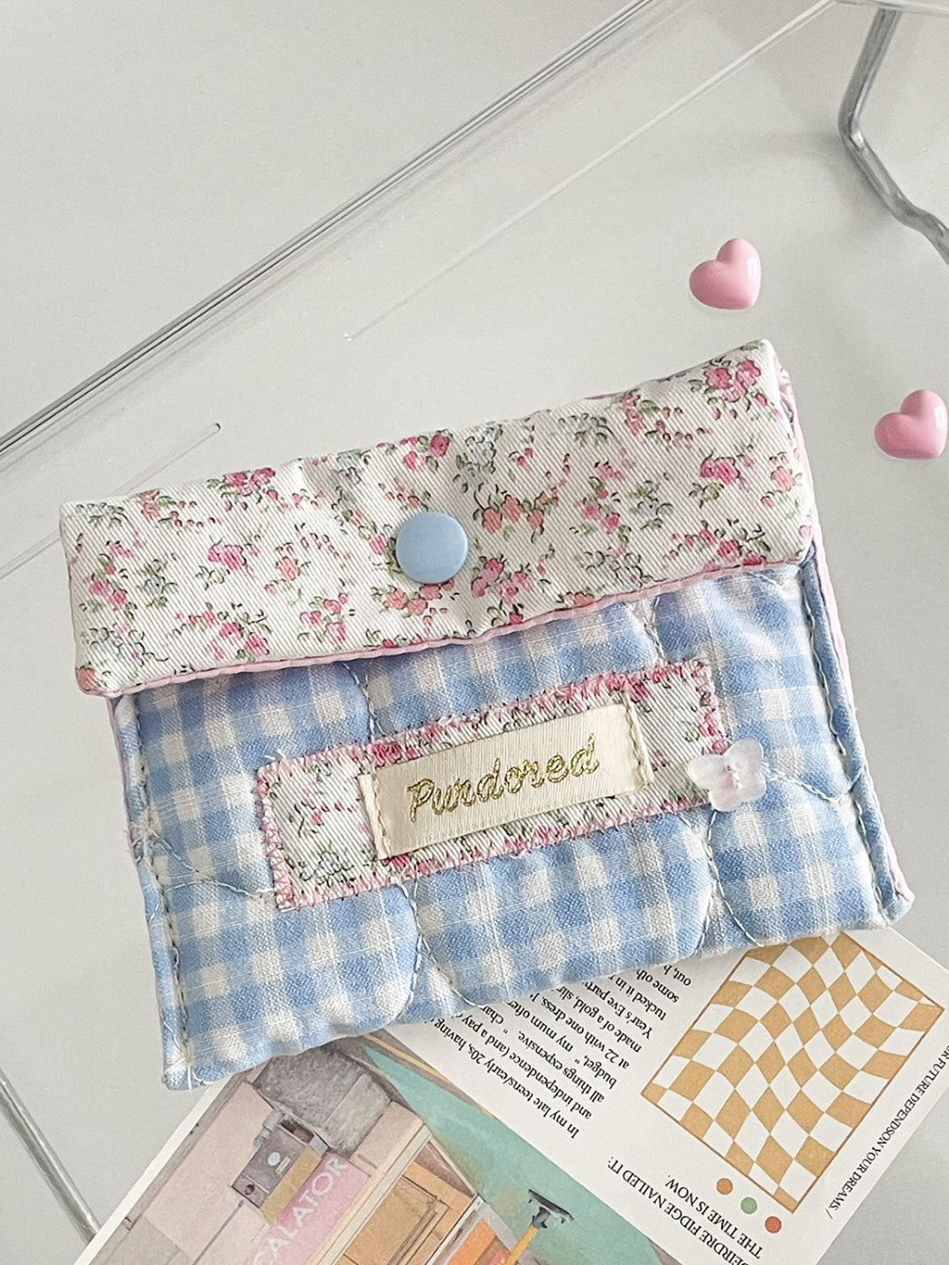 Cosbai Floral Gingham Pouch open showing interior lining and spacious