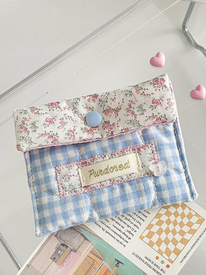 Cosbai Floral Gingham Pouch open showing interior lining and spacious