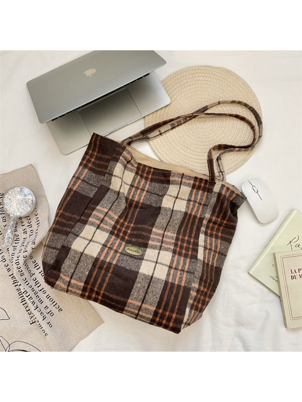 Cosbai vintage plaid soft structure tote bag displayed upright with handles visible