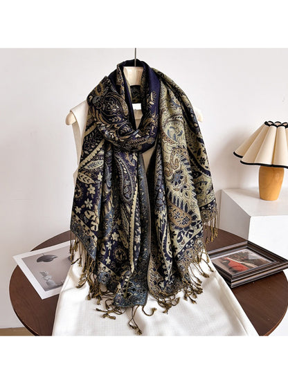 Side view of model showcasing scarf tassels and wrap style