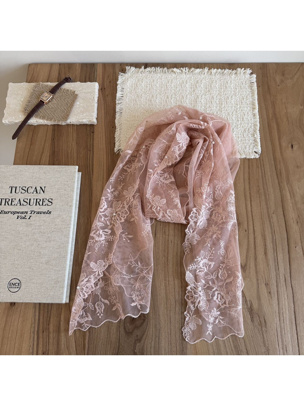 Scarvii - Rose Embroidered Lace Edge Long Scarf