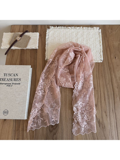 Scarvii - Rose Embroidered Lace Edge Long Scarf