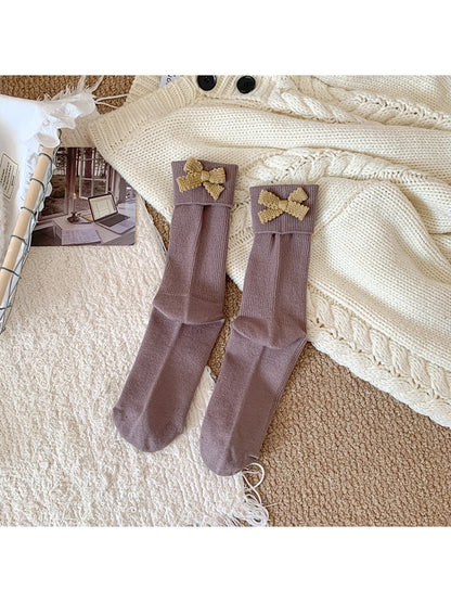 Rufia - Colorblock Bow Accent Ribbed Solid Color Crew Socks