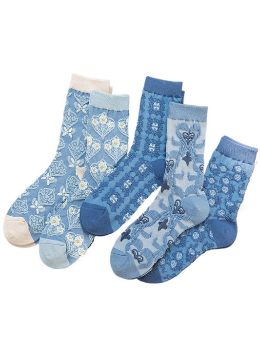 Rufia - Retro Blue Floral Mid-Calf Socks - Classic & Elegant