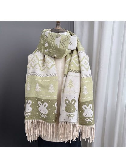 Scarvii - Cozy Bunny Motif Fringe Scarf