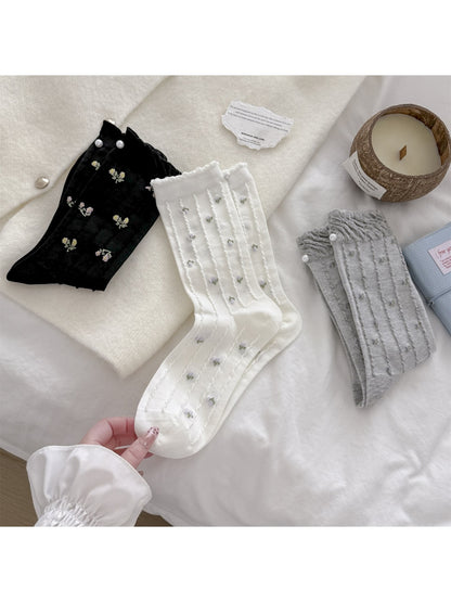 Rufia - Floral Ruffle Trim Bead Decoration Crew Socks