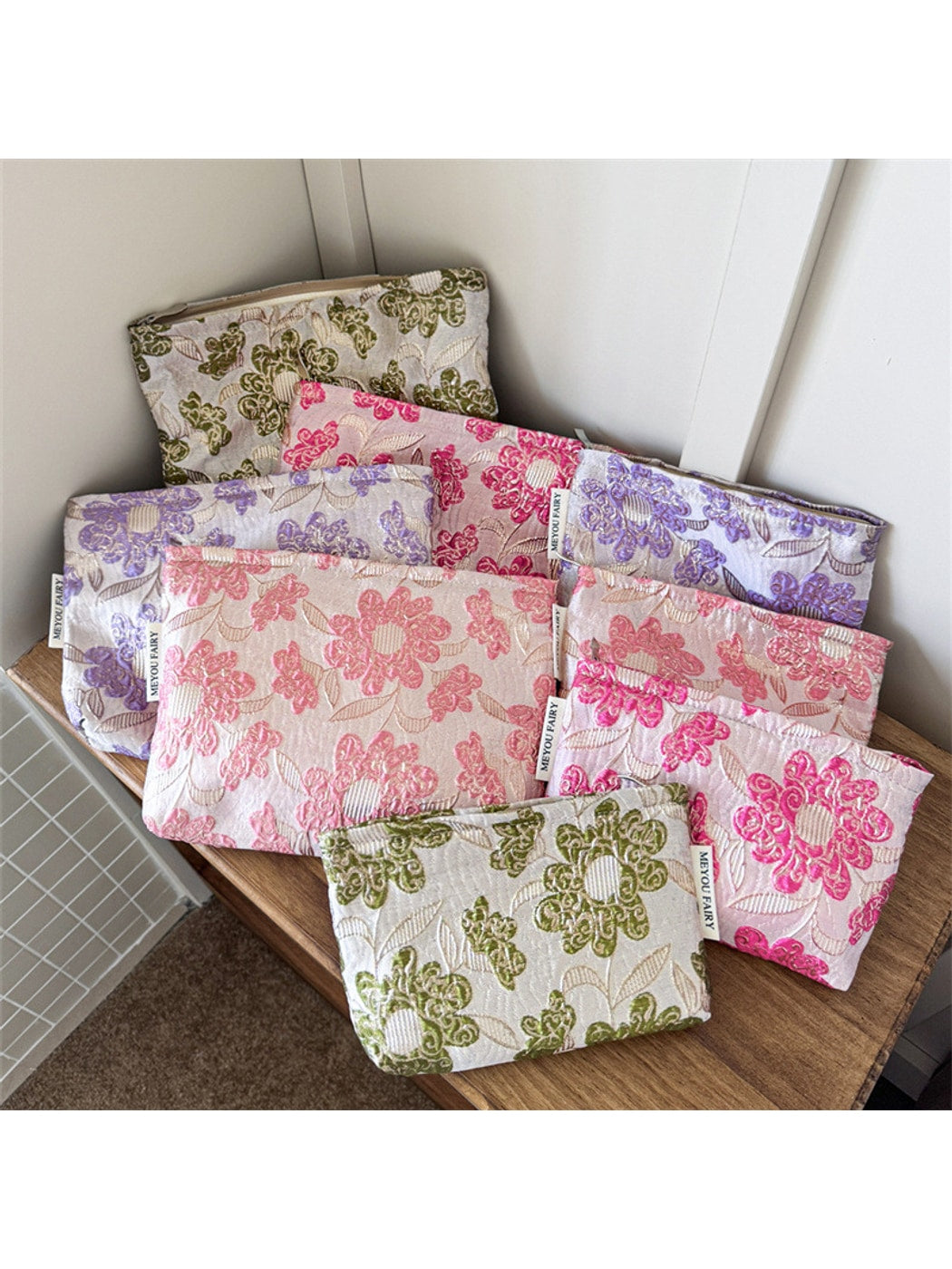 Cosbai - Raised Floral Zipper Makeup Bag