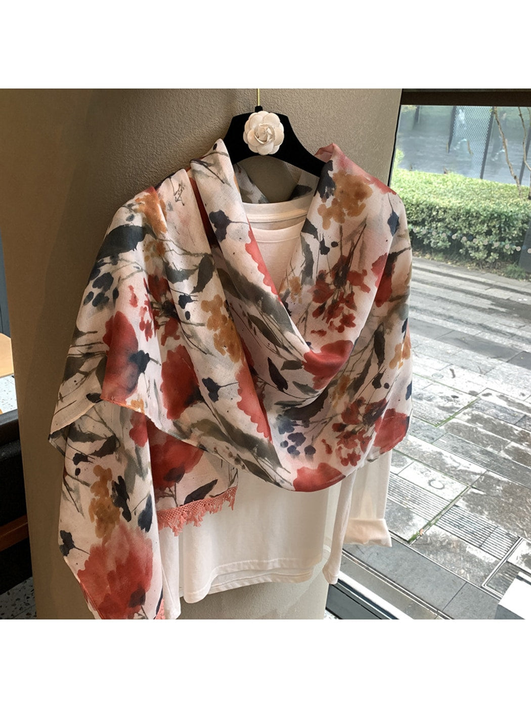 Scarvii - Floral Print Tassel Edge Long Scarf