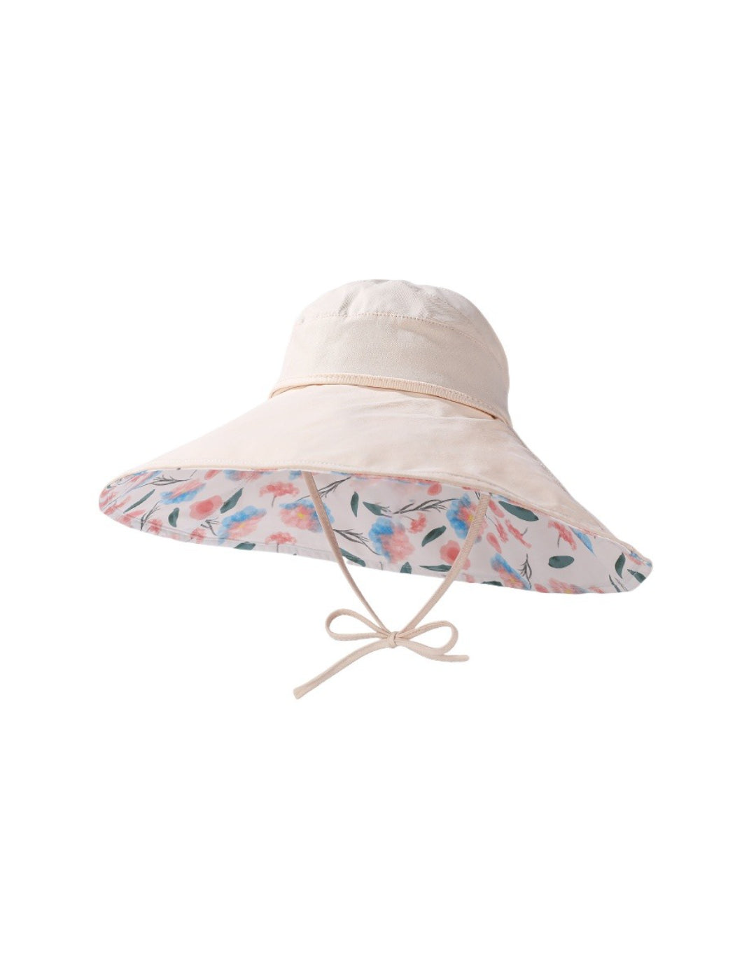 Top view of Haila wide brim hat highlighting floral print and round crown