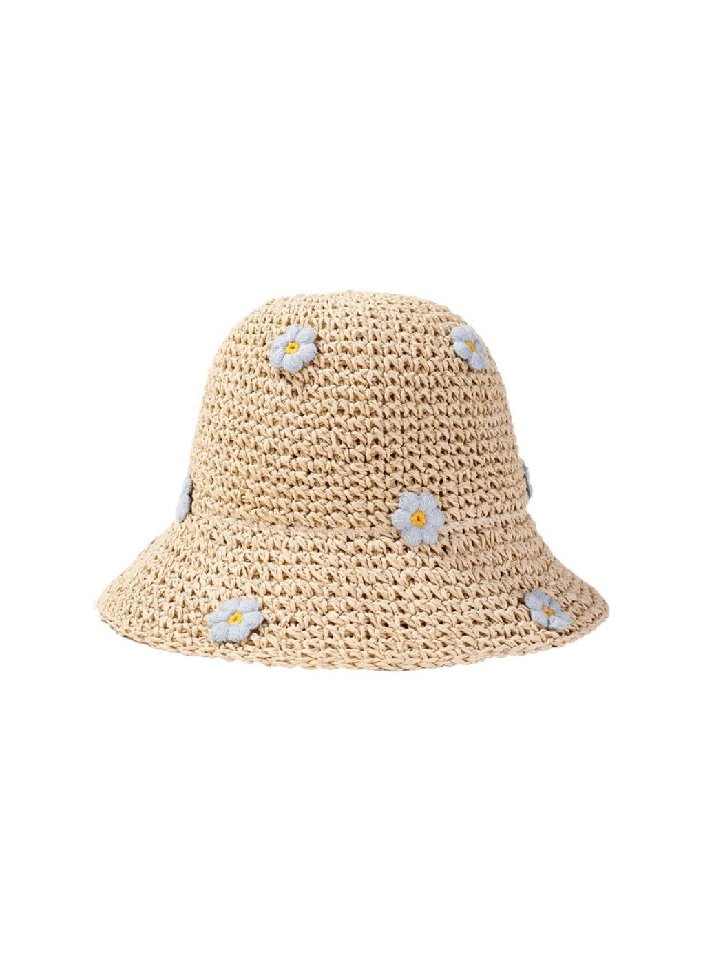 Close-up of woven straw texture and daisy design on Haila sun hat
